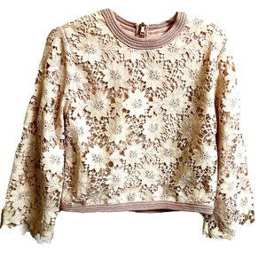 Cataline Lace Floral Cropped Blouse Top Lined, Zip Back, Long Bell Sleeves - 8